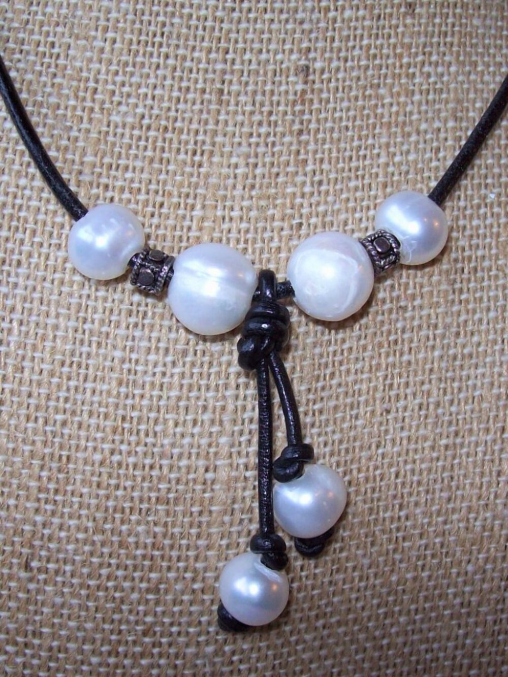 Cascading Pearls and Sterling Silver Leather Necklace - Picture 2 of 3